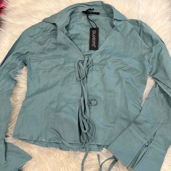 BLANK NYC Tie front linen Blouse green Xs - Picture 2 of 6